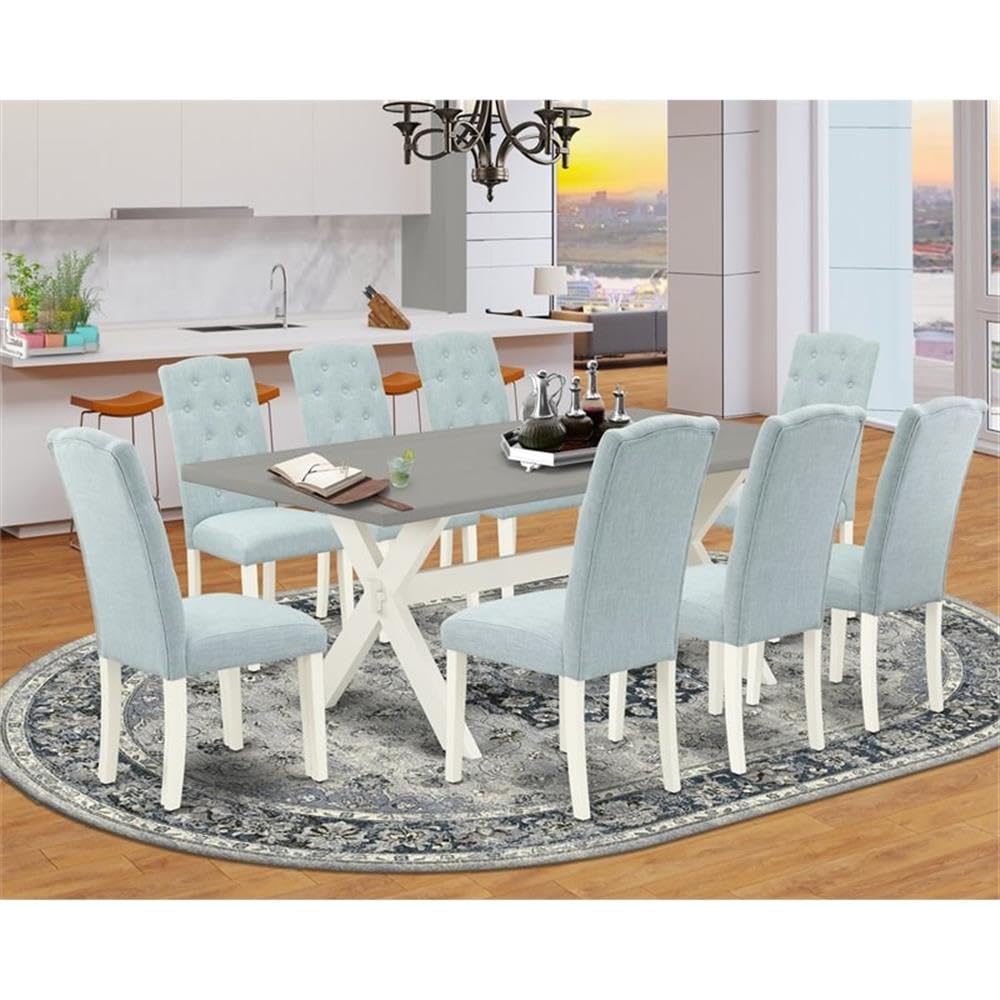 East West Furniture X097Ce215-9 9 Piece Kitchen Table Set Includes A Rectangle Dining Table With X-Legs And 8 Baby Blue Linen Fabric Parson Dining Room Chairs, 40X72 Inch, Multi-Color